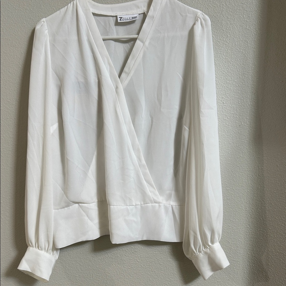 New York & Company Cream Wrap Blouse